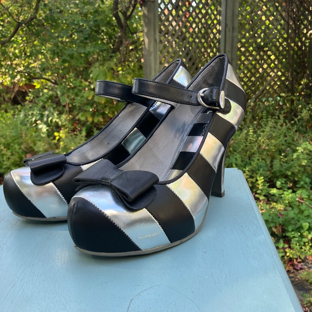 Lola Ramona Black and Silver Striped Heels